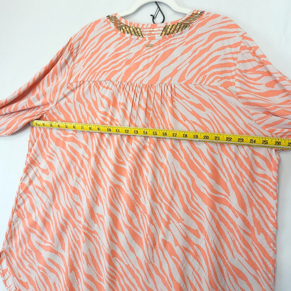 Chico's Animal Print Beaded Sequin Modal Tunic Women XXL Coral Beige V Neck - Picture 6 of 14